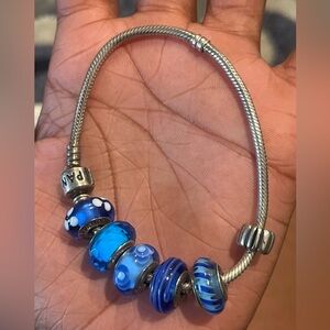 Pandora Silver Bracelet with Blue Murano Glass Beads Pre-Owned